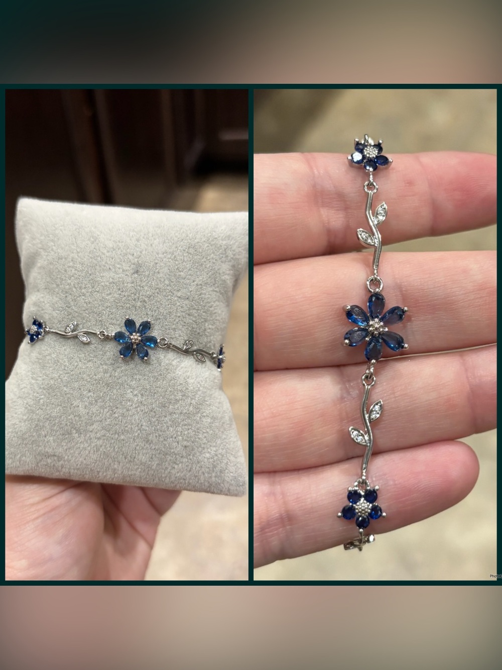 Silver Floral Blue Crystal Bracelet - Blue